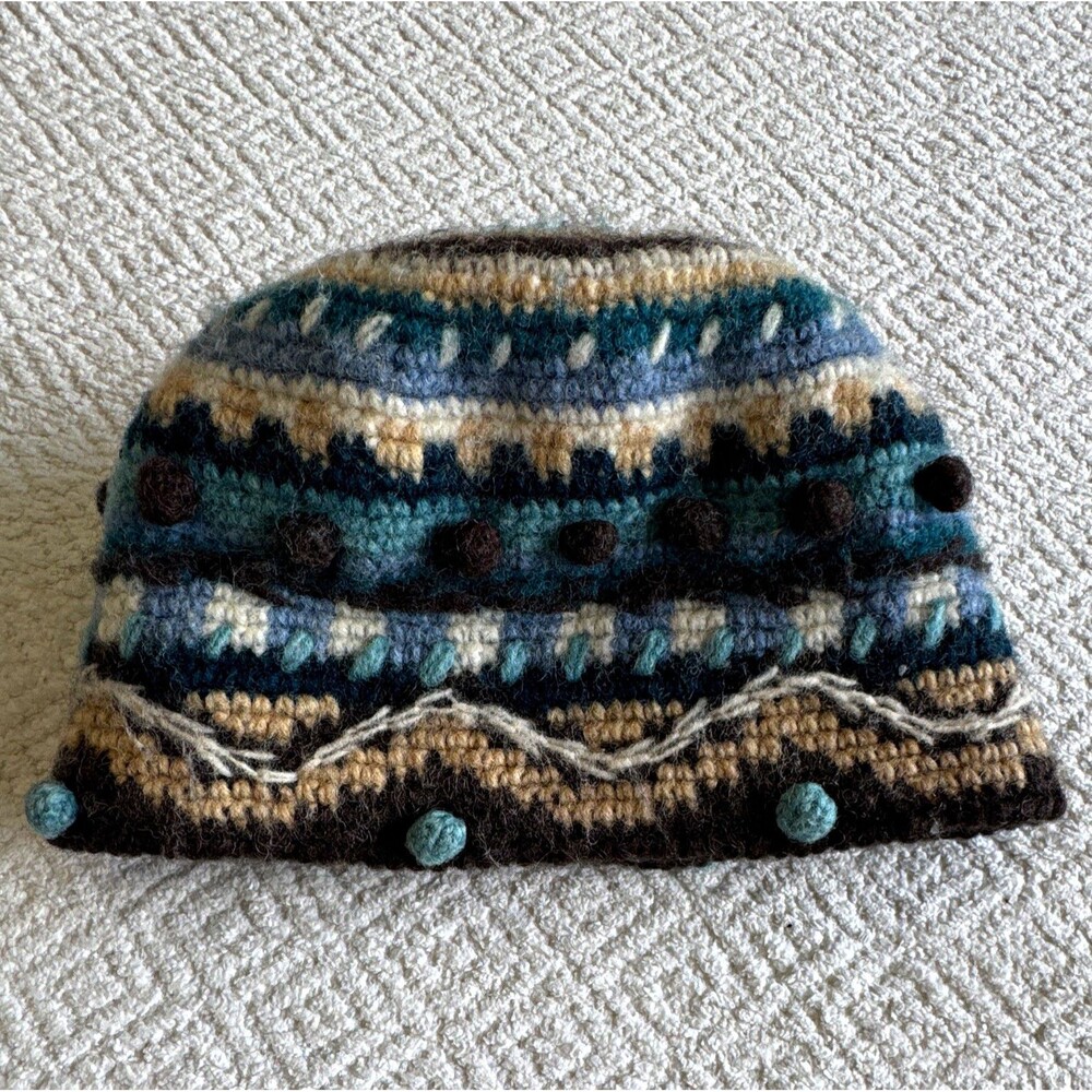 NEWARI Handmade Knit Wool Fair Isle Beanie Hat Lined Pom-Pom One Size Women